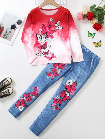 Girl clothing  Girls' Butterfly & Floral Print Outfit Set - Long Sleeve Crew Neck Top with Imitation Denim-Printed Leggings