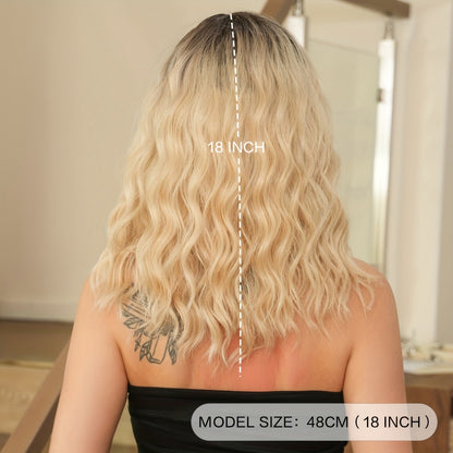 Crown & Glory Wigs   7JHH WIGS Chic Ombre Blonde Shoulder-Length Wig for Women - Deep Wave, High Density 150% Synthetic Hair with Dark Roots to Light Tips, Beginner-Friendly, Heat Resistant, 18-Inch, Perfect for Vacation Style, Short Hair Wig