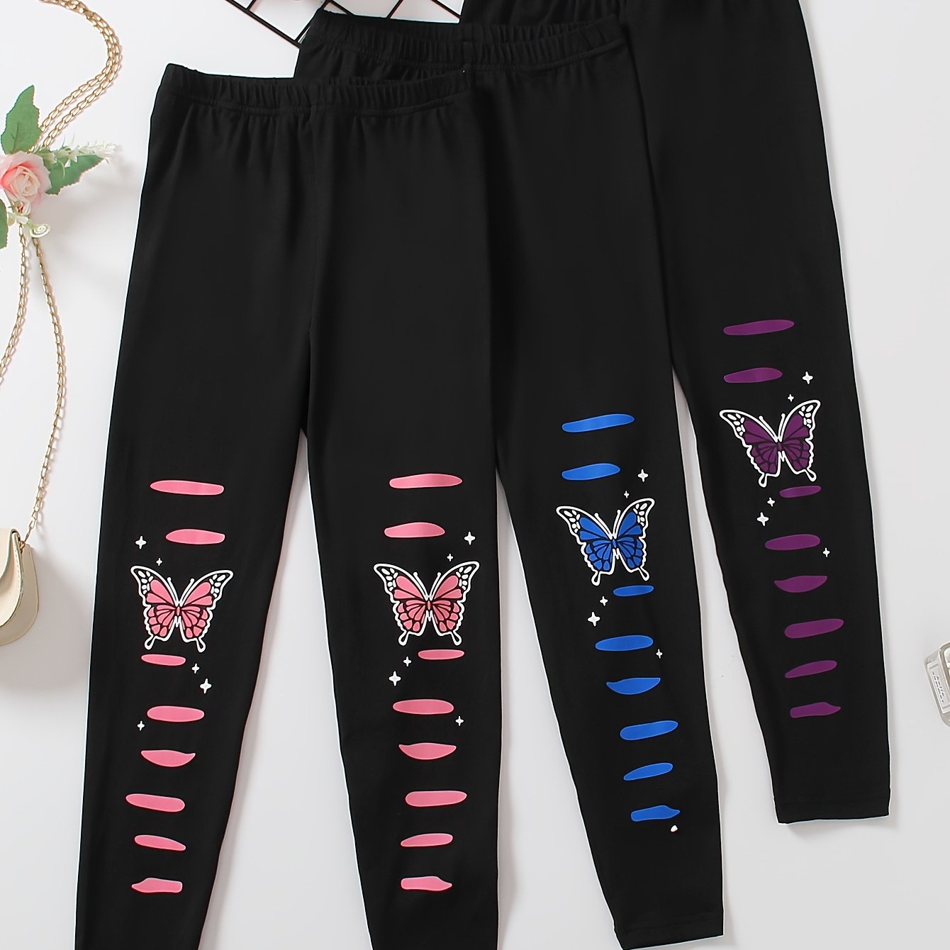 Girl clothing  3pcs Girls Vibrant Butterfly Print Slim Leggings Pants