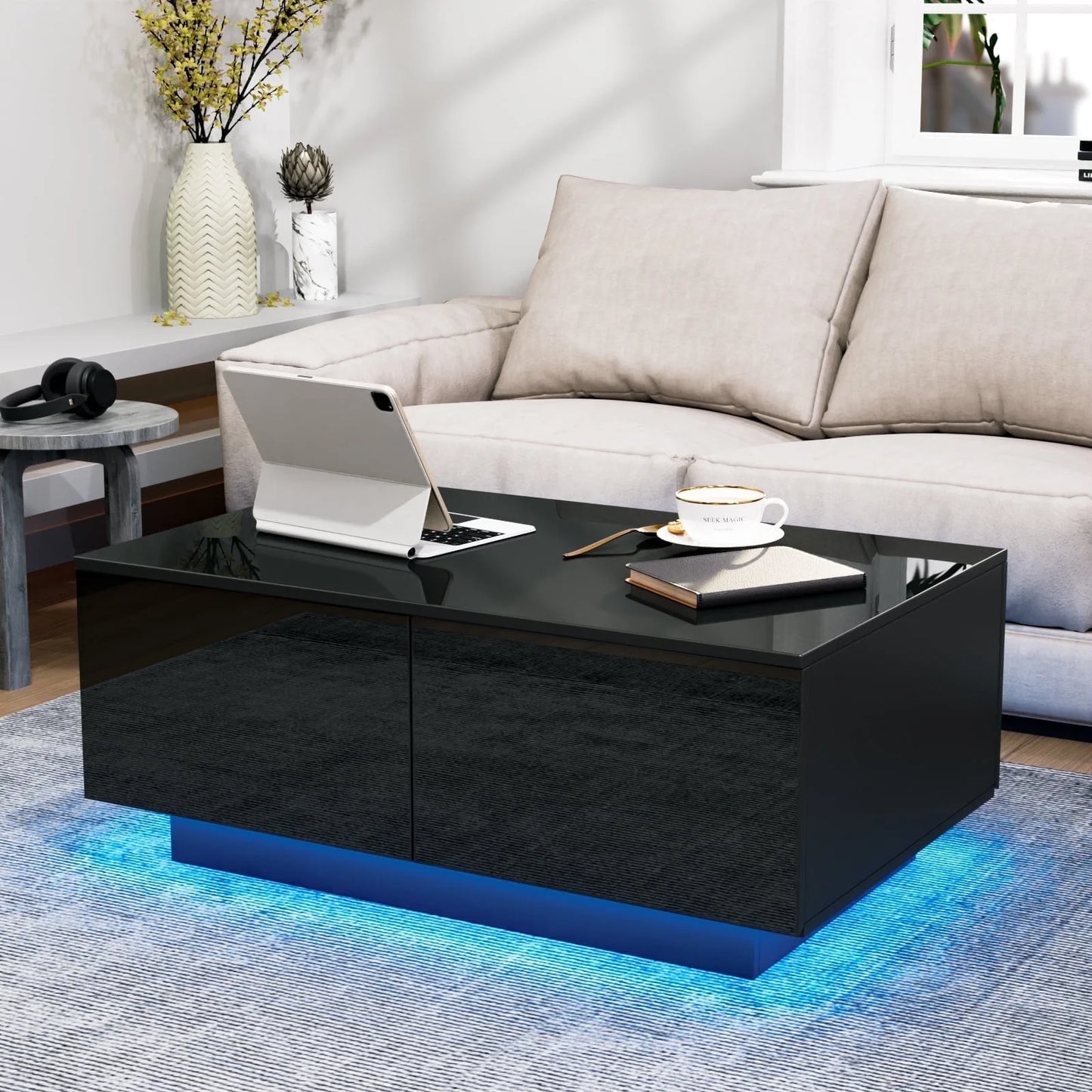 LED Coffee Table with 4 Drawers Center Cocktail Side Table Black High Gloss Finish