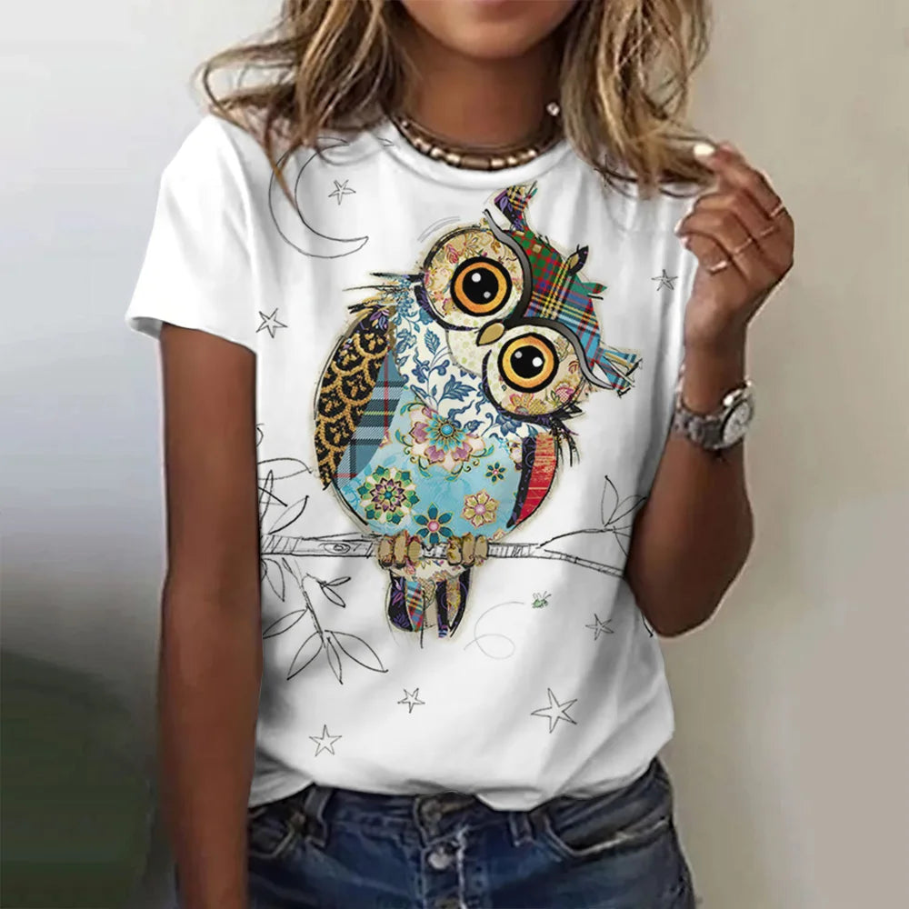 Woman clothing   T Shirts Animals Cute 3d Owl Graphic Printed Tees Fashion Short Sleeve Tops