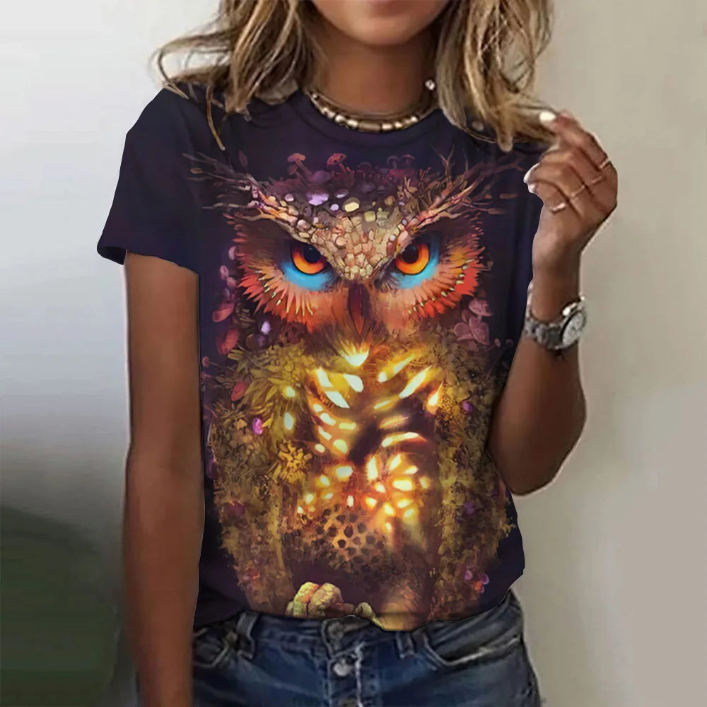 Woman clothing   T Shirts Animals Cute 3d Owl Graphic Printed Tees Fashion Short Sleeve Tops