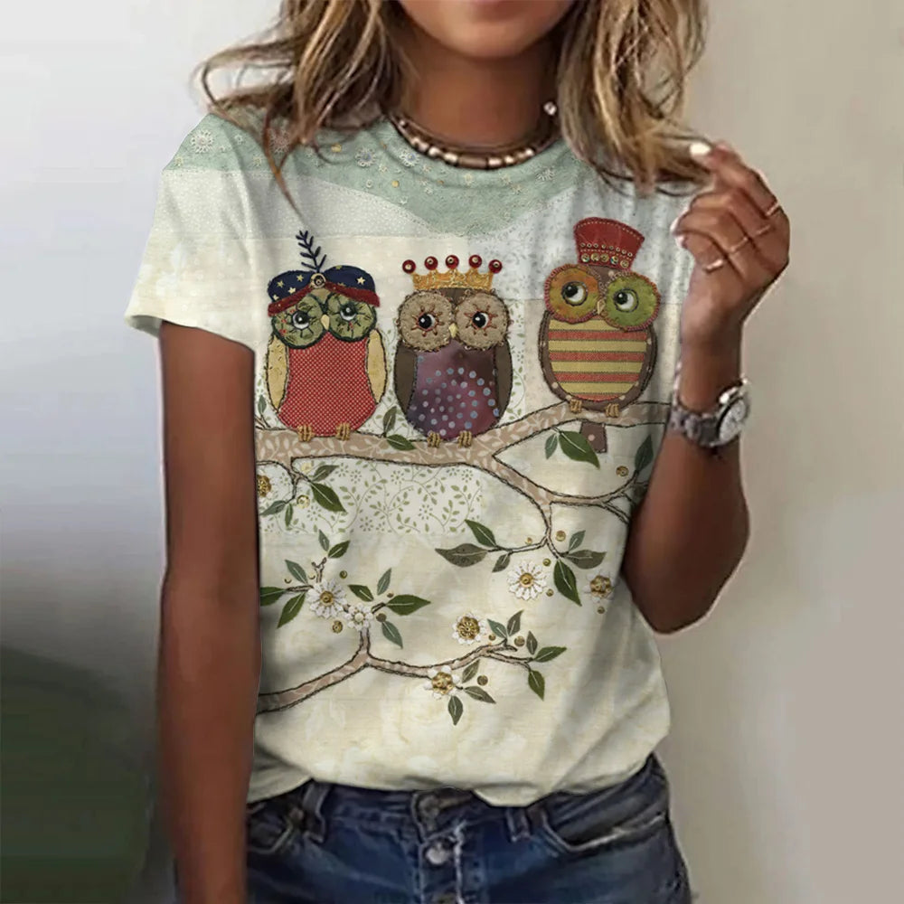 Woman clothing   T Shirts Animals Cute 3d Owl Graphic Printed Tees Fashion Short Sleeve Tops