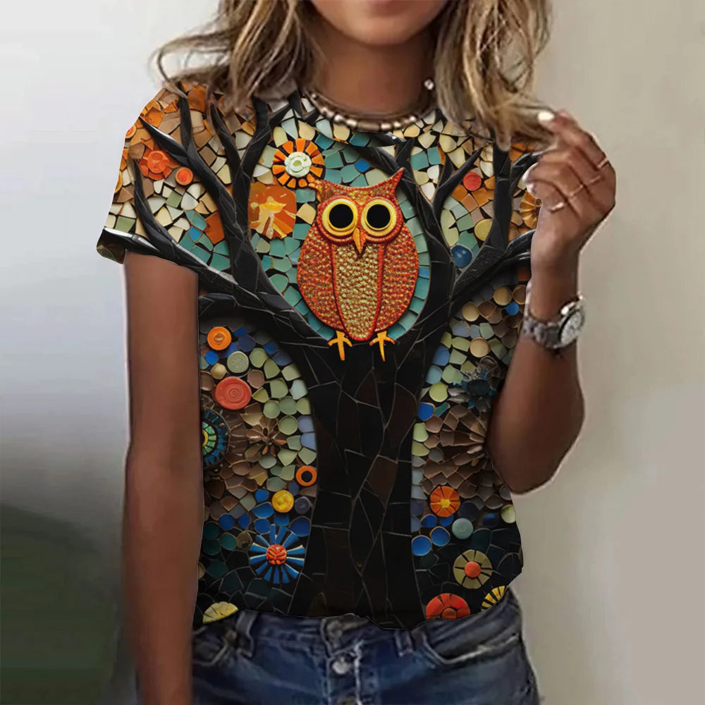 Woman clothing   T Shirts Animals Cute 3d Owl Graphic Printed Tees Fashion Short Sleeve Tops