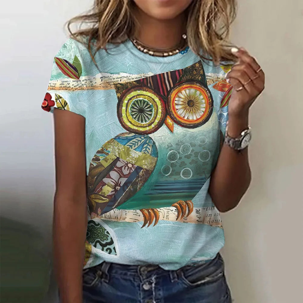 Woman clothing   T Shirts Animals Cute 3d Owl Graphic Printed Tees Fashion Short Sleeve Tops