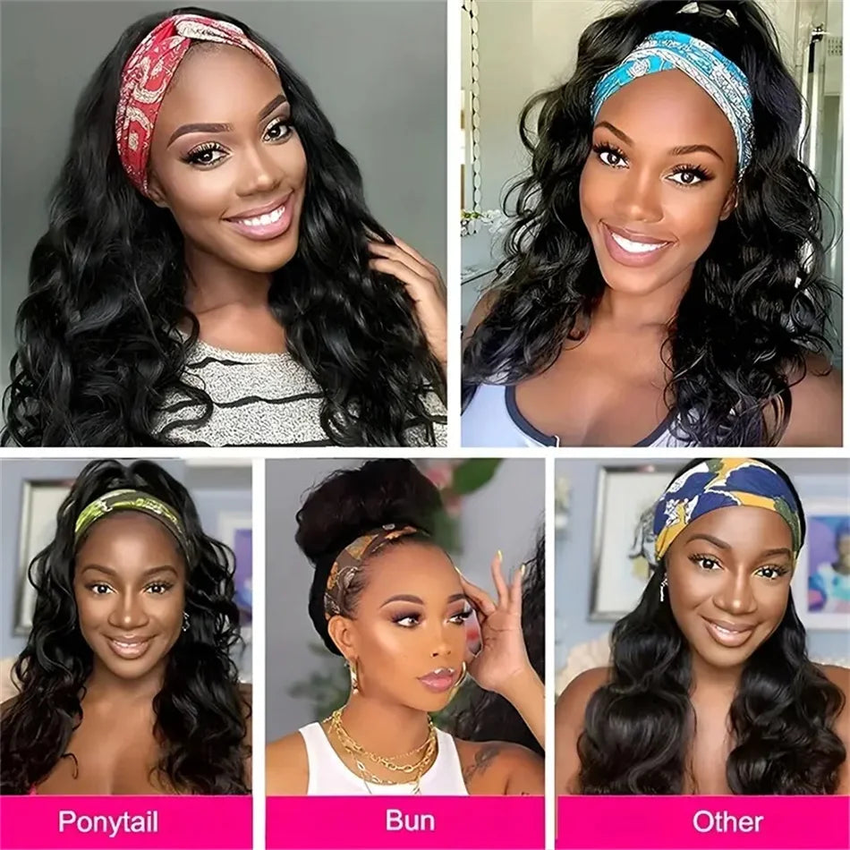 Crown & Glory Wigs   Headband Body Wave Human Hair Wigs Brazilian Wigs 100% Natural Hair Wig 180% Density Natural Color 18-24 Inch Machine Made Remy