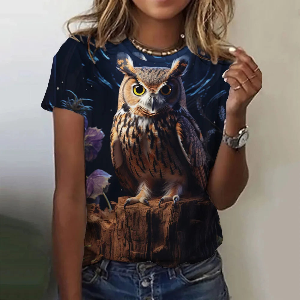 Woman clothing   T Shirts Animals Cute 3d Owl Graphic Printed Tees Fashion Short Sleeve Tops