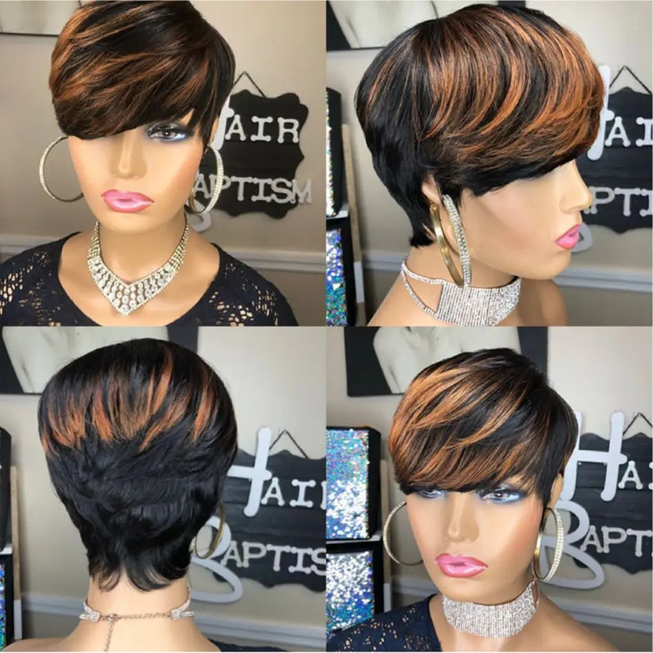 Crown & Glory Wigs  WIGERA Highlight Synthetic Short Straight Pixie Cut Hair Bob Wig Ombre Honey Blonde Mix Black Bronw Layered Hair Wigs For Woman