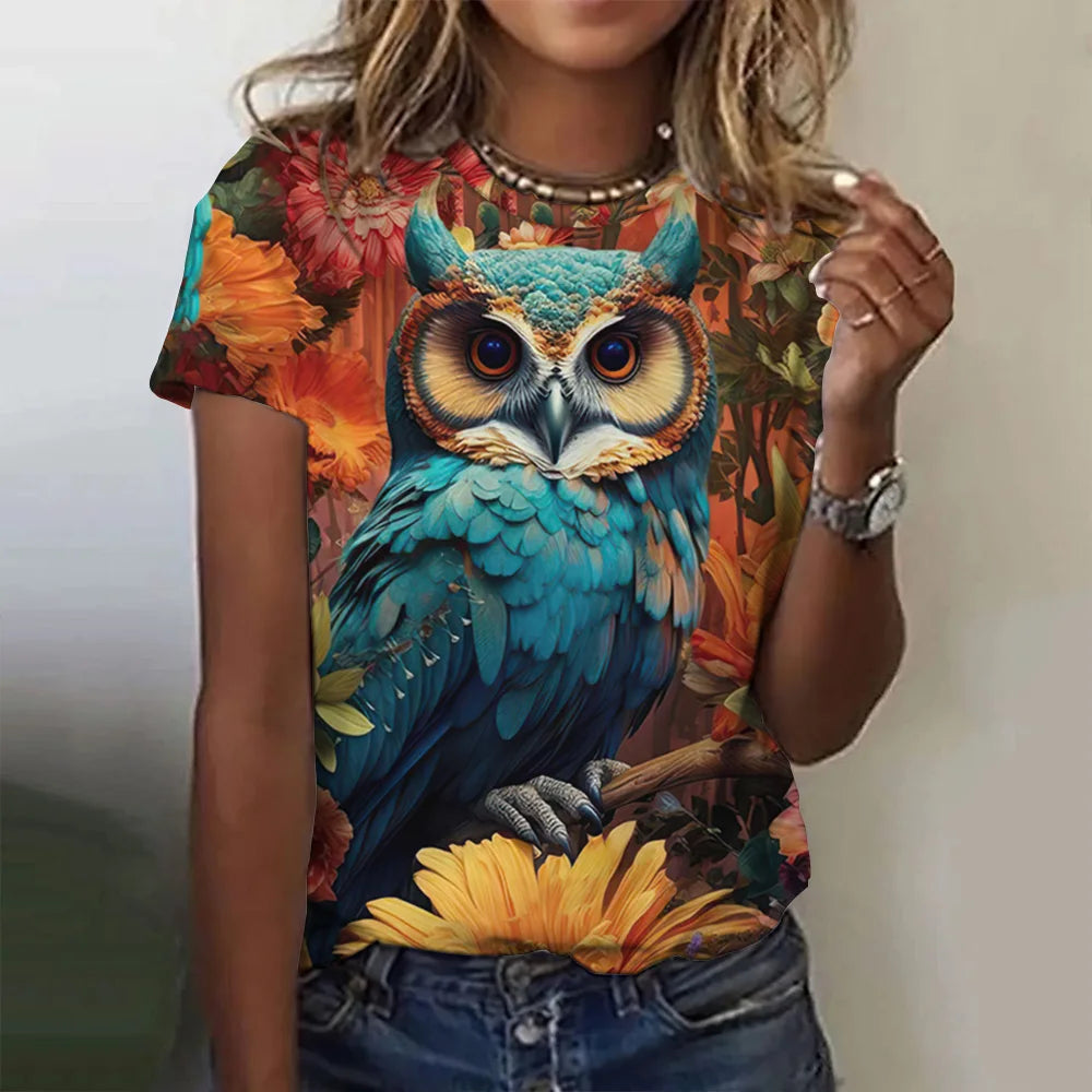 Woman clothing   T Shirts Animals Cute 3d Owl Graphic Printed Tees Fashion Short Sleeve Tops