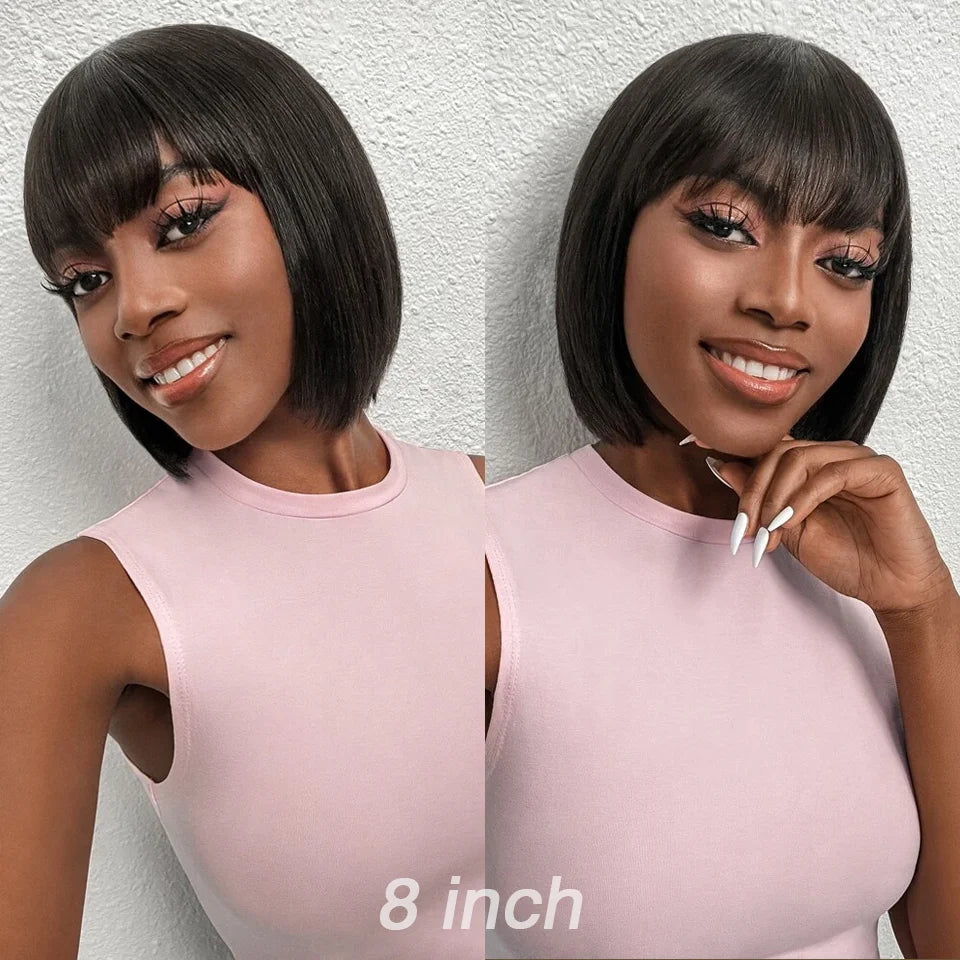 Crown & Glory Wigs  Short Bob Wig With Bangs Glue less Human Hair Wig Ready to Go Straight Hair Bob Wigs Brazilian Remy Full Machine Wigs for Women