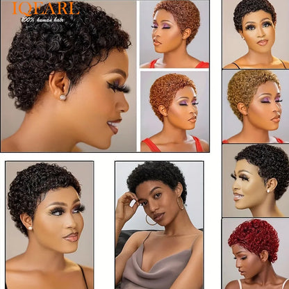 Crown & Glory Wigs   Short Curly Human Hair Wigs For Women Short Kinky Curly Wig Black Red Human Hair Pixie Cut Curly Wigs With Bangs Machine Wigs