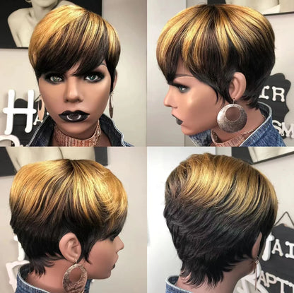 Crown & Glory Wigs  WIGERA Highlight Synthetic Short Straight Pixie Cut Hair Bob Wig Ombre Honey Blonde Mix Black Bronw Layered Hair Wigs For Woman