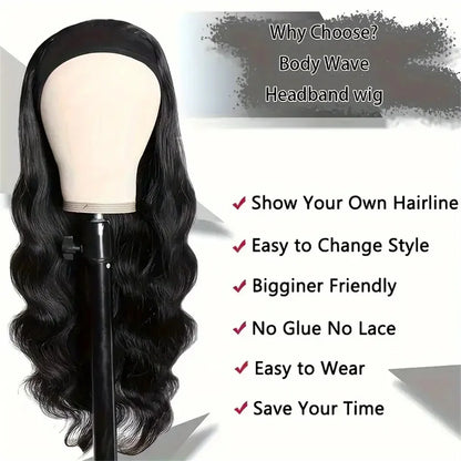 Crown & Glory Wigs   Headband Body Wave Human Hair Wigs Brazilian Wigs 100% Natural Hair Wig 180% Density Natural Color 18-24 Inch Machine Made Remy