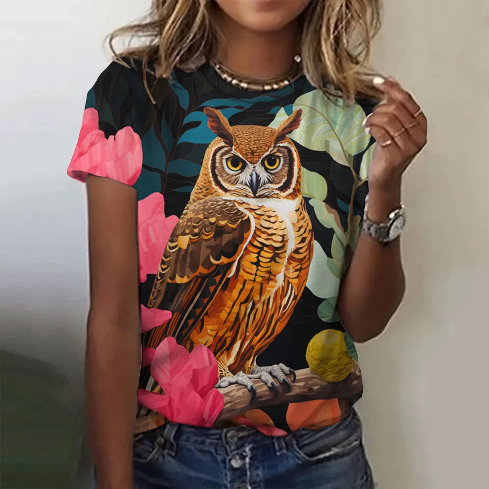 Woman clothing   T Shirts Animals Cute 3d Owl Graphic Printed Tees Fashion Short Sleeve Tops