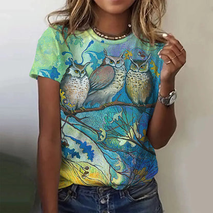 Woman clothing   T Shirts Animals Cute 3d Owl Graphic Printed Tees Fashion Short Sleeve Tops