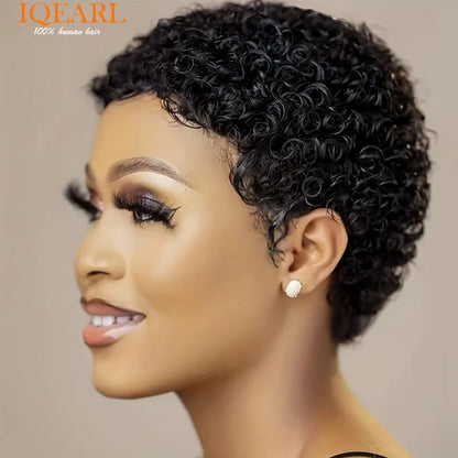 Crown & Glory Wigs   Short Curly Human Hair Wigs For Women Short Kinky Curly Wig Black Red Human Hair Pixie Cut Curly Wigs With Bangs Machine Wigs