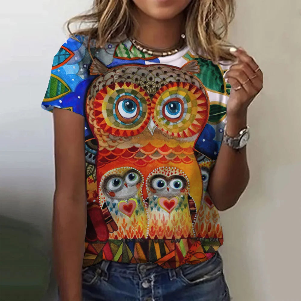 Woman clothing   T Shirts Animals Cute 3d Owl Graphic Printed Tees Fashion Short Sleeve Tops