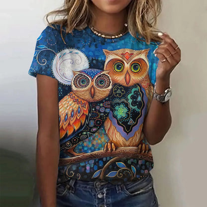 Woman clothing   T Shirts Animals Cute 3d Owl Graphic Printed Tees Fashion Short Sleeve Tops