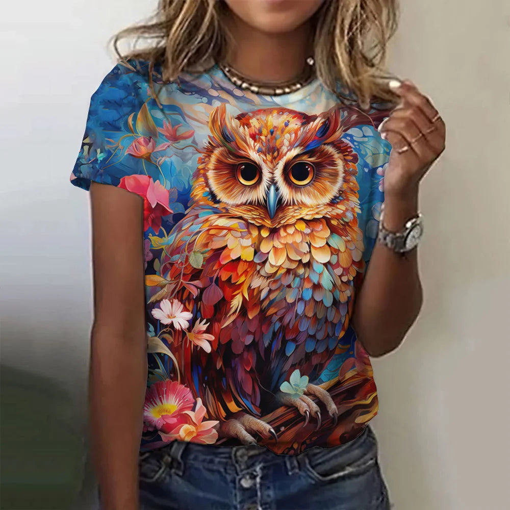 Woman clothing   T Shirts Animals Cute 3d Owl Graphic Printed Tees Fashion Short Sleeve Tops