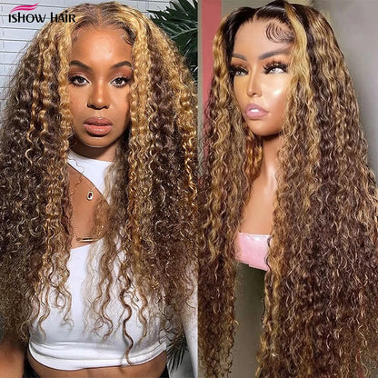 Crown & Glory Wigs   I show Kinky Curly Highlight Wig Human Hair Transparent 13x4 Lace Front Human Hair Wigs Pre Plucked P4 27 Colored Wig