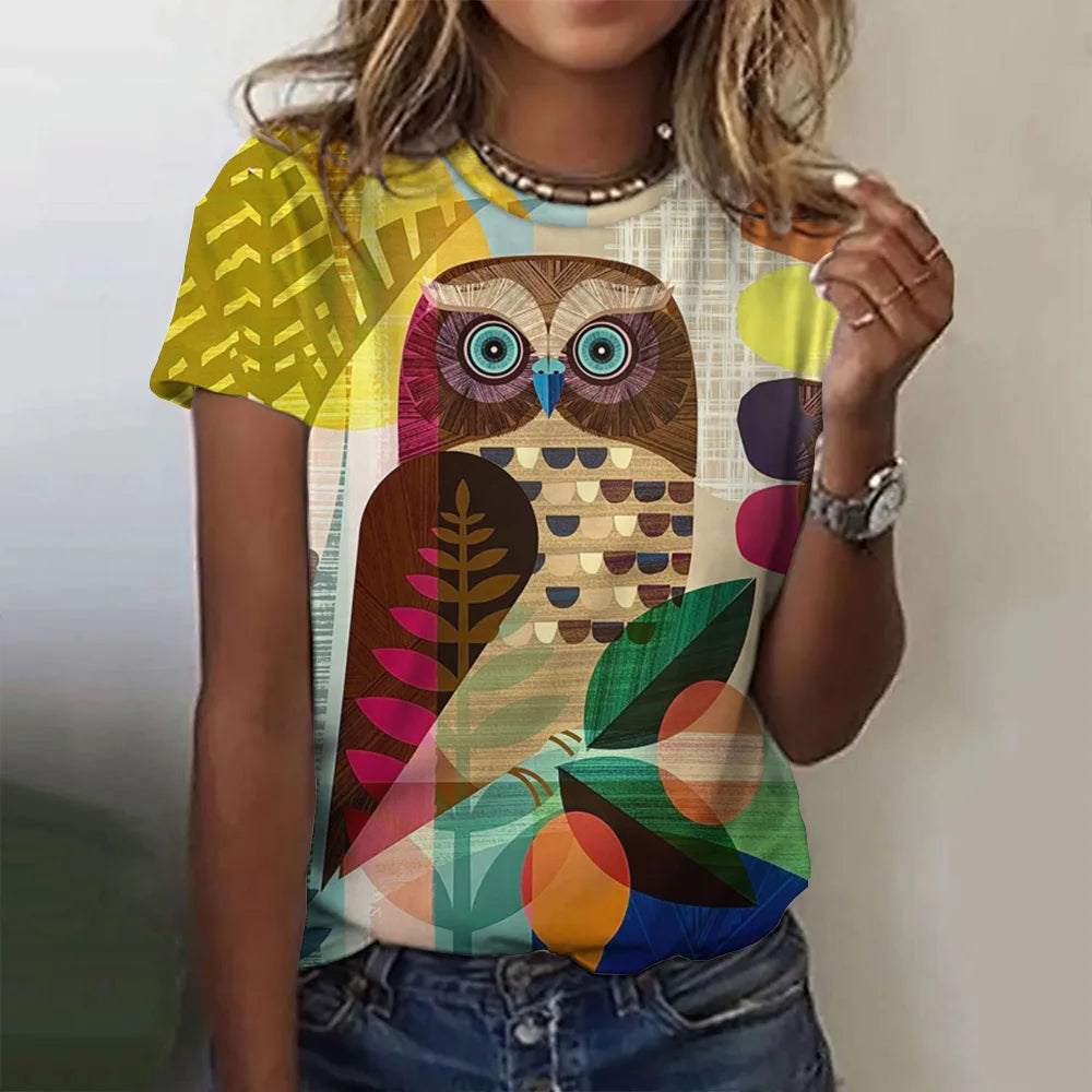 Woman clothing   T Shirts Animals Cute 3d Owl Graphic Printed Tees Fashion Short Sleeve Tops