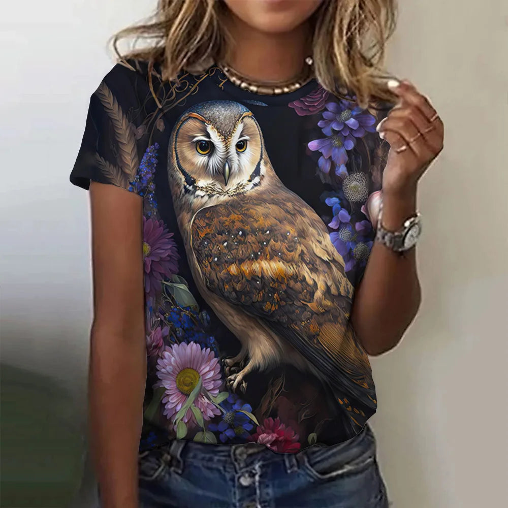 Woman clothing   T Shirts Animals Cute 3d Owl Graphic Printed Tees Fashion Short Sleeve Tops