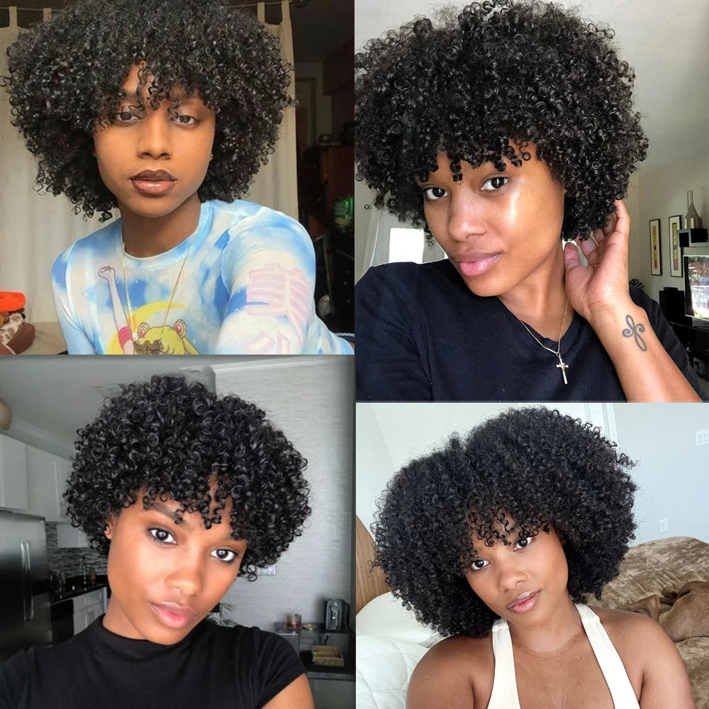 Crown & Glory Wigs  Short Curly Pixie Cut Wig with Bangs Glue less Afro Kinky Curly Brazilian Human Hair Wigs For Women Ready to Go Machine Made Wig