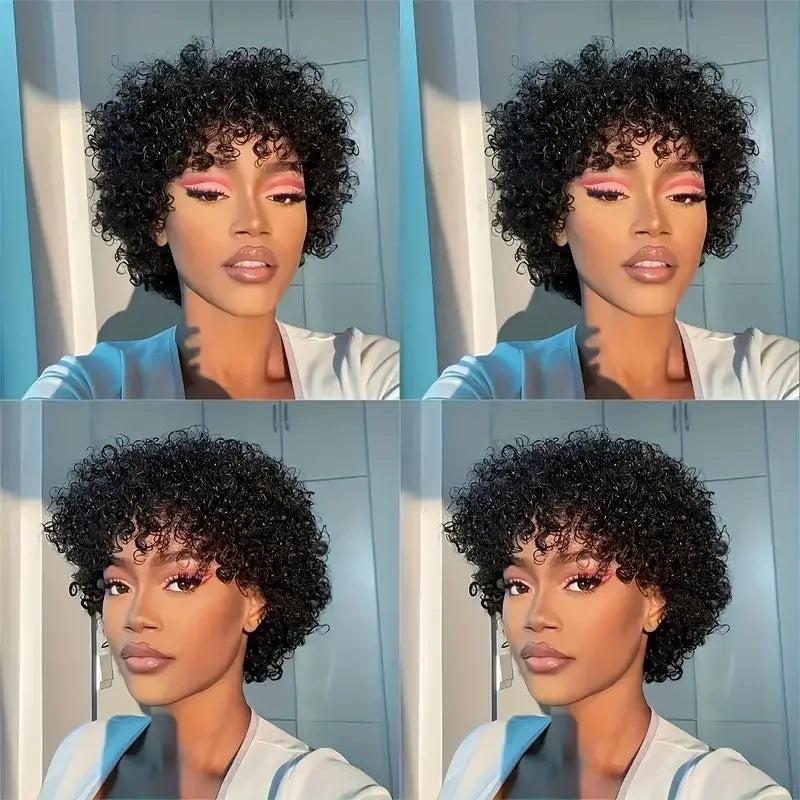 Crown & Glory Wigs  Short Curly Pixie Cut Wig with Bangs Glue less Afro Kinky Curly Brazilian Human Hair Wigs For Women Ready to Go Machine Made Wig