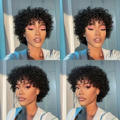 Crown & Glory Wigs  Short Curly Pixie Cut Wig with Bangs Glue less Afro Kinky Curly Brazilian Human Hair Wigs For Women Ready to Go Machine Made Wig