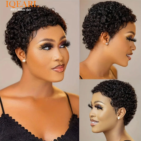 Crown & Glory Wigs   Short Curly Human Hair Wigs For Women Short Kinky Curly Wig Black Red Human Hair Pixie Cut Curly Wigs With Bangs Machine Wigs