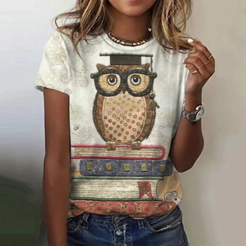 Woman clothing   T Shirts Animals Cute 3d Owl Graphic Printed Tees Fashion Short Sleeve Tops