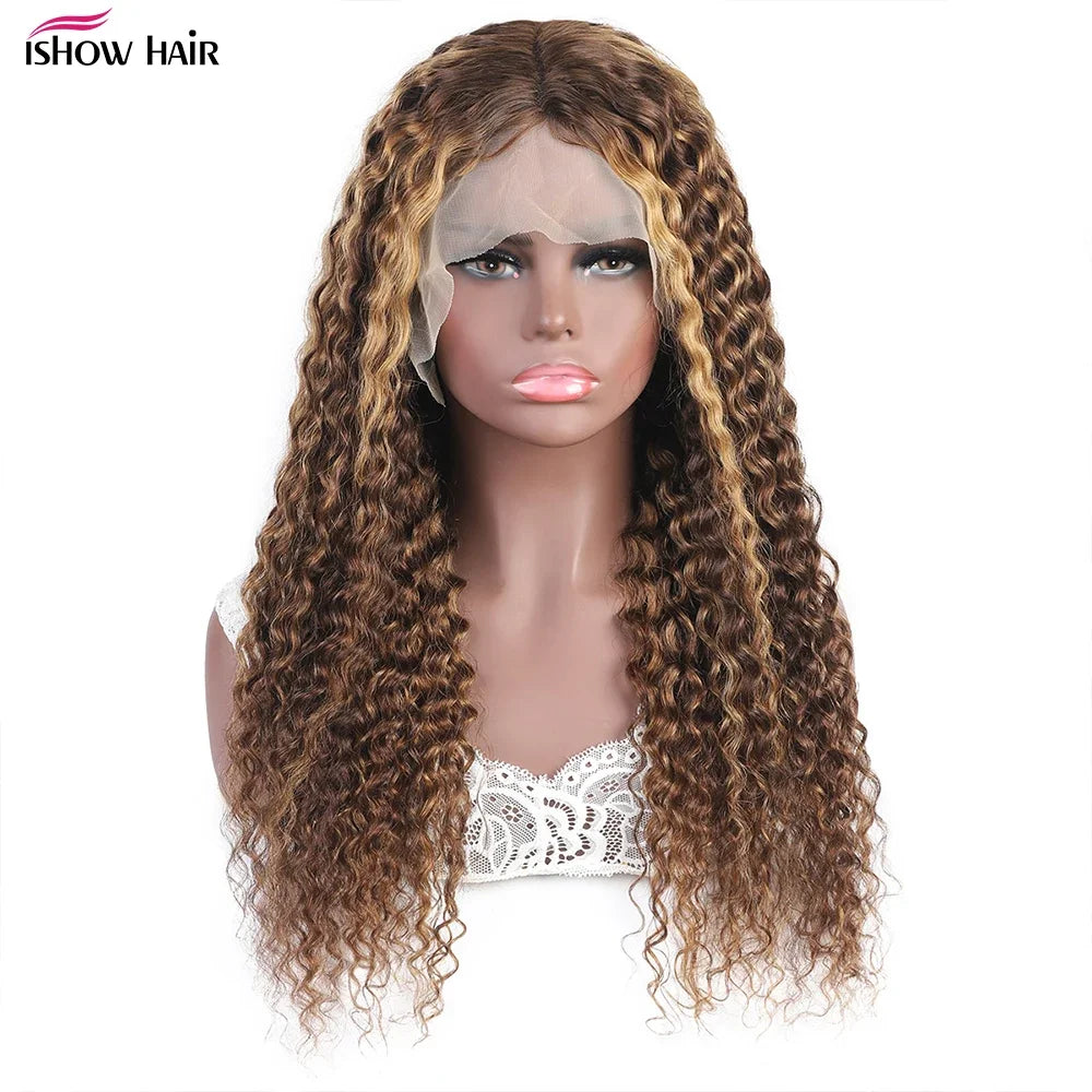 Crown & Glory Wigs   I show Kinky Curly Highlight Wig Human Hair Transparent 13x4 Lace Front Human Hair Wigs Pre Plucked P4 27 Colored Wig