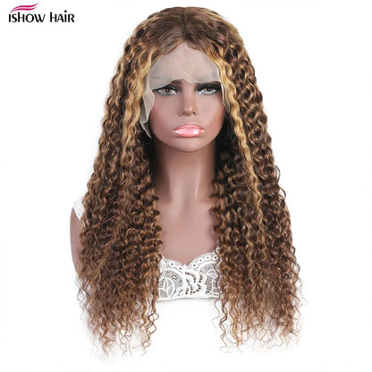 Crown & Glory Wigs   I show Kinky Curly Highlight Wig Human Hair Transparent 13x4 Lace Front Human Hair Wigs Pre Plucked P4 27 Colored Wig