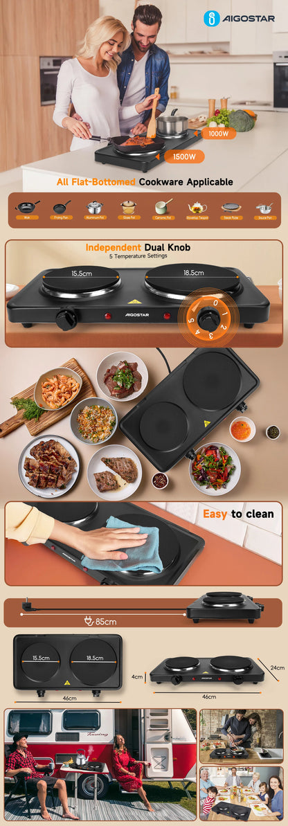 Kitchen AIGOSTAR electric stove, 2500 W portable kitchen hob, 5 level adjustable thermostat, indicator non-slip mat.