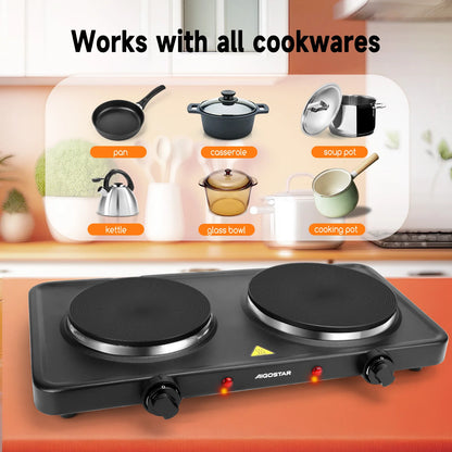 Kitchen AIGOSTAR electric stove, 2500 W portable kitchen hob, 5 level adjustable thermostat, indicator non-slip mat.