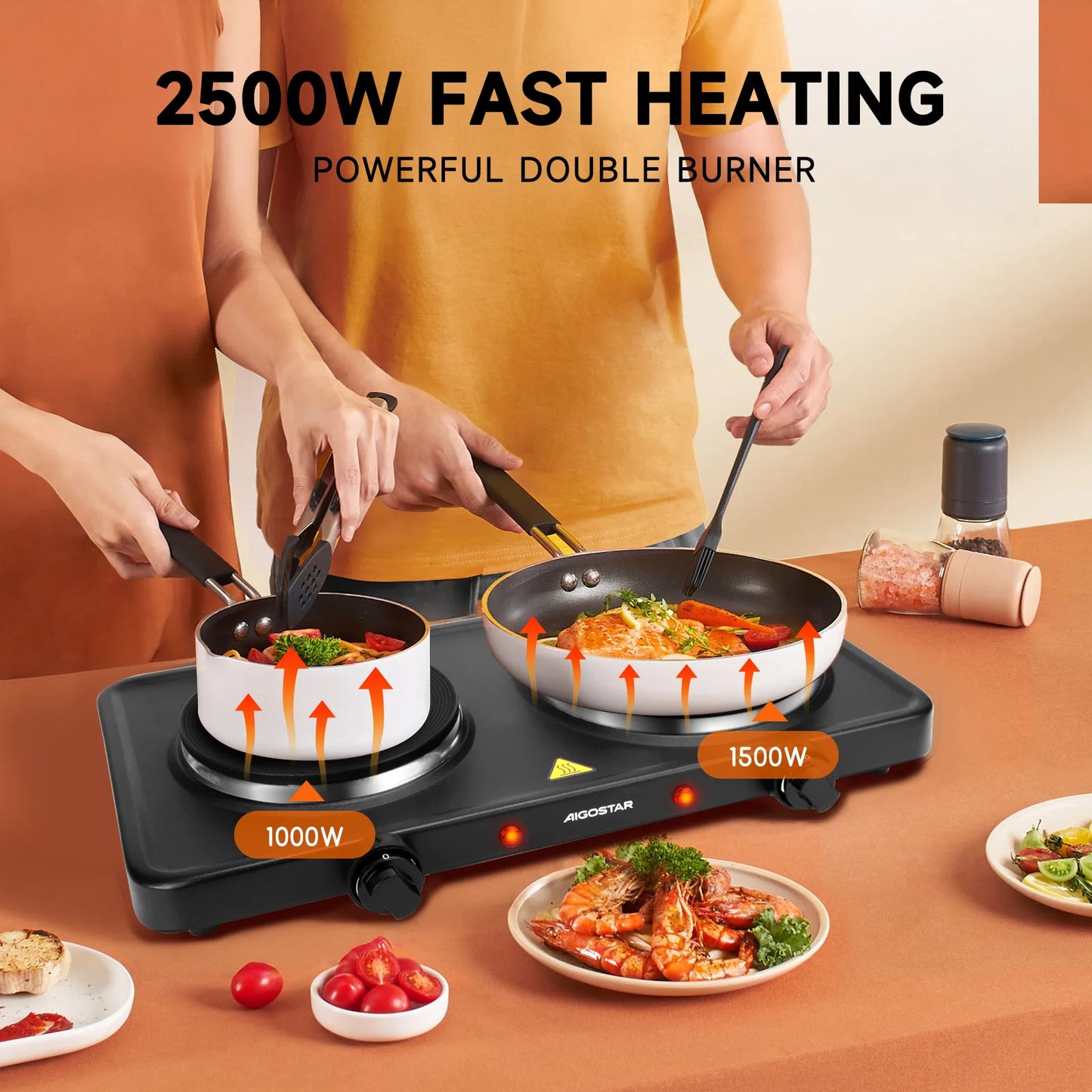 Kitchen AIGOSTAR electric stove, 2500 W portable kitchen hob, 5 level adjustable thermostat, indicator non-slip mat.