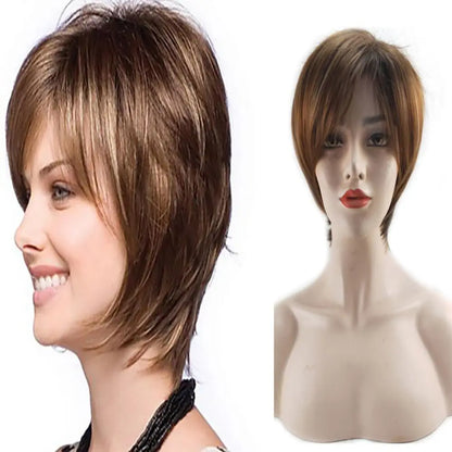 Crown & Glory Wigs  HAIRJOY Women Straight Bangs Style Pixie Cut Synthetic Hair Wig Brown Mixed Short Wigs Machine Made