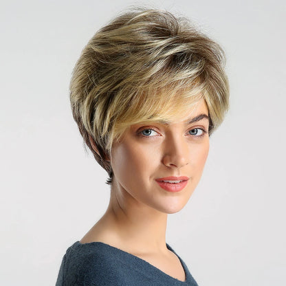 Crown & Glory Wigs HENRY MARGU Dark Root Ombre Brown Blonde Short Hair Wigs Fluffy Pixie Cut Synthetic Wig for Black White Women Heat Resistant