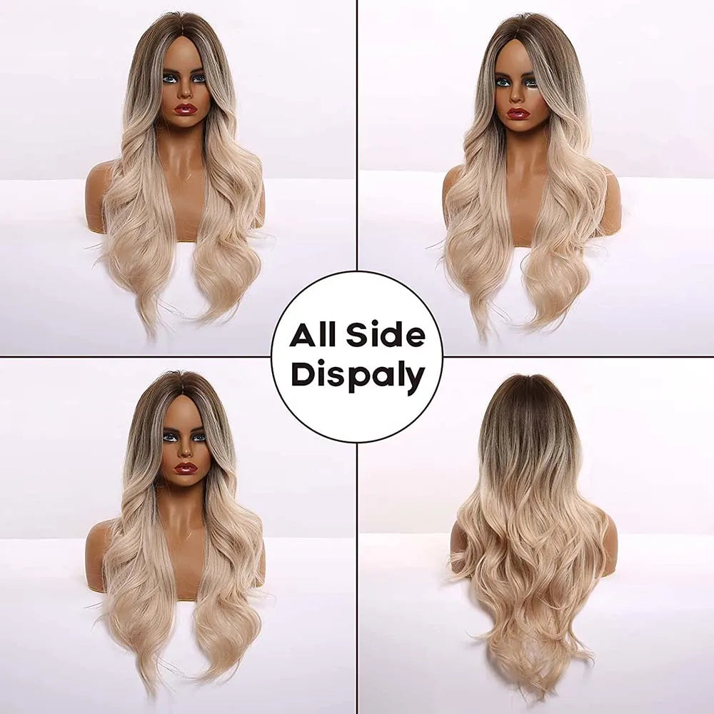 Crown & Glory Wigs EASIHAIR Ombre Brown Light Blonde Platinum Long Wavy Middle Part Hair Wig Cosplay Natural Heat Resistant Synthetic Wig for Women