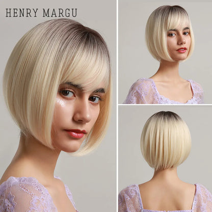 Crown & Glory Wigs HENRY MARGU Dark Root Ombre Brown Blonde Short Hair Wigs Fluffy Pixie Cut Synthetic Wig for Black White Women Heat Resistant