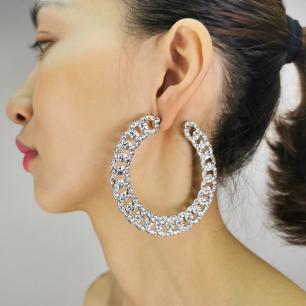 Jewellery   MANILAI 75mm Crystal Rhinestones Big Hoop Earrings For Women Chunky Chain Design Statement Round Alloy Earings Fashion Jewelry