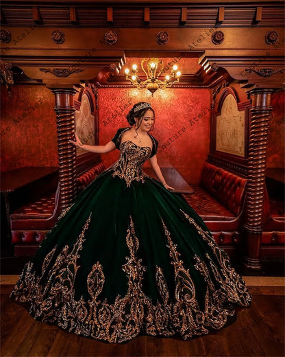 Woman clothing   Dark Green Velvet Gold Sequin Applique Ball Gown Quinceanera Dresses Three Quarter Sleeves Sweet 15 16 Dress Corset Customized