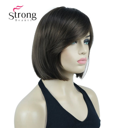 Crown & Glory Wigs Strong Beauty Women's Brown Short Straight Bob Wig with Side Bangs Synthetic Full Hair Wigs Heat Resistant