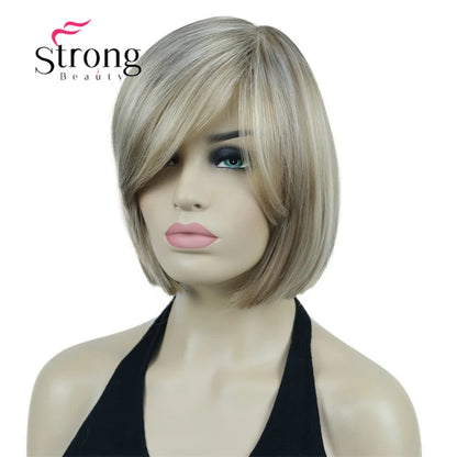 Crown & Glory Wigs Strong Beauty Women's Brown Short Straight Bob Wig with Side Bangs Synthetic Full Hair Wigs Heat Resistant