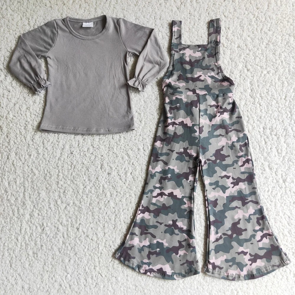 Girl clothing Wholesale Toddler Set Children Baby Girl Brown Long Sleeves Cotton Shirts Ruffle Camo Overalls Pants Jumpsuit Kids Outfit