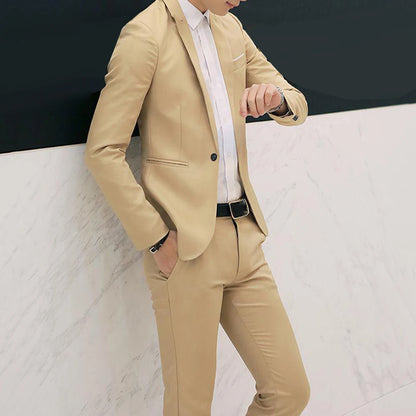 Men clothing   2Pcs Office Business Men Solid Colour Lapel Long Sleeve Slim Blazer Pants Suit