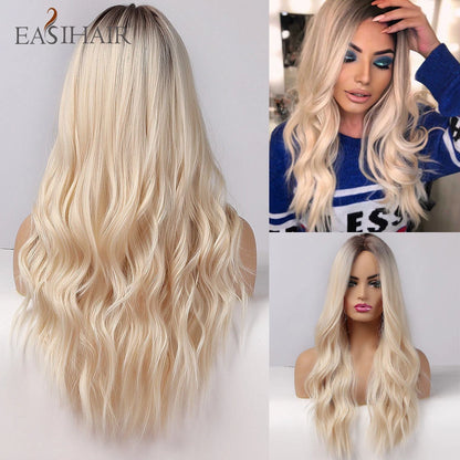 Crown & Glory Wigs EASIHAIR Ombre Brown Light Blonde Platinum Long Wavy Middle Part Hair Wig Cosplay Natural Heat Resistant Synthetic Wig for Women