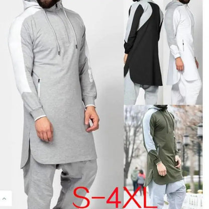 Muslim family   Hooded Men Muslim Jubba Thobe Patchwork Islamic Clothing Long Sleeve Dubai Kaftan Male Saudi Arabia Shirt Plus Size 3XL 4XL