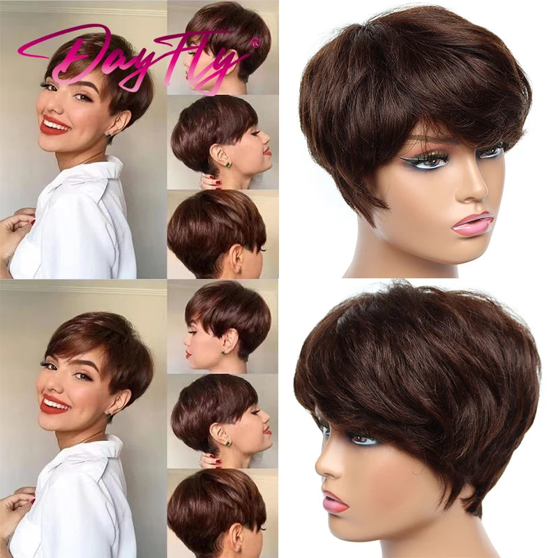 Crown & Glory Wigs Short Grey Wigs Highlight Pixie Cut Wig With Bangs Brazilian Hair Natural Wave Wigs Ombre P1B 30 44 34 Human Hair Wigs For Women