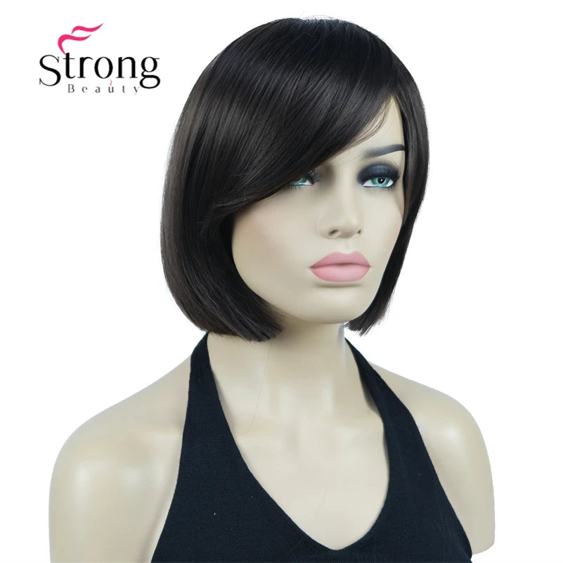 Crown & Glory Wigs Strong Beauty Women's Brown Short Straight Bob Wig with Side Bangs Synthetic Full Hair Wigs Heat Resistant